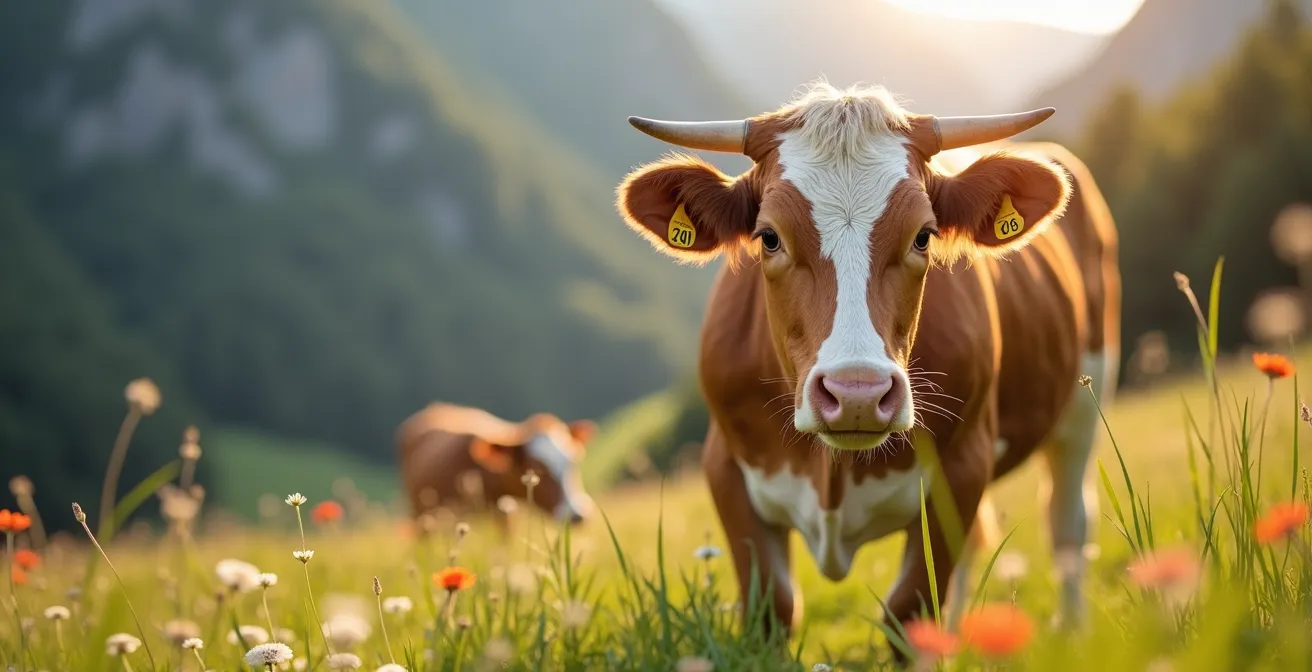 Vaches en pâturage libre dans les alpages suisses selon les normes Bourgeon