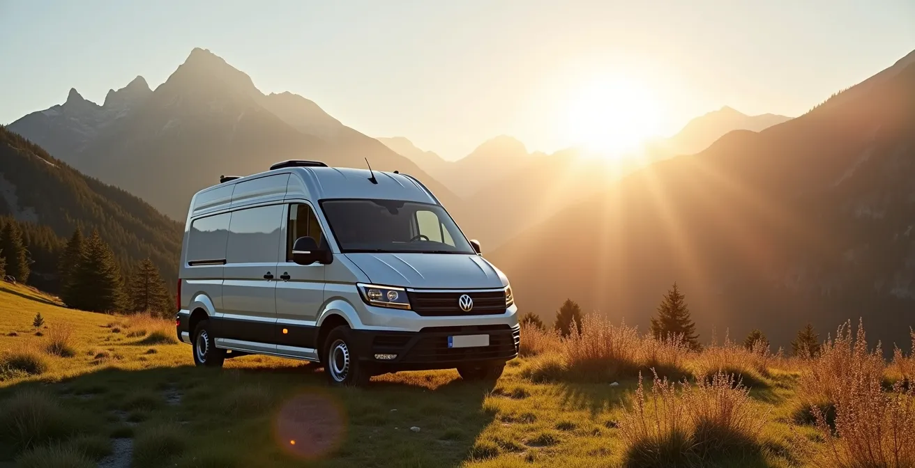 Van aménagé stationné dans un paysage montagneux suisse au coucher du soleil, vue large environnementale