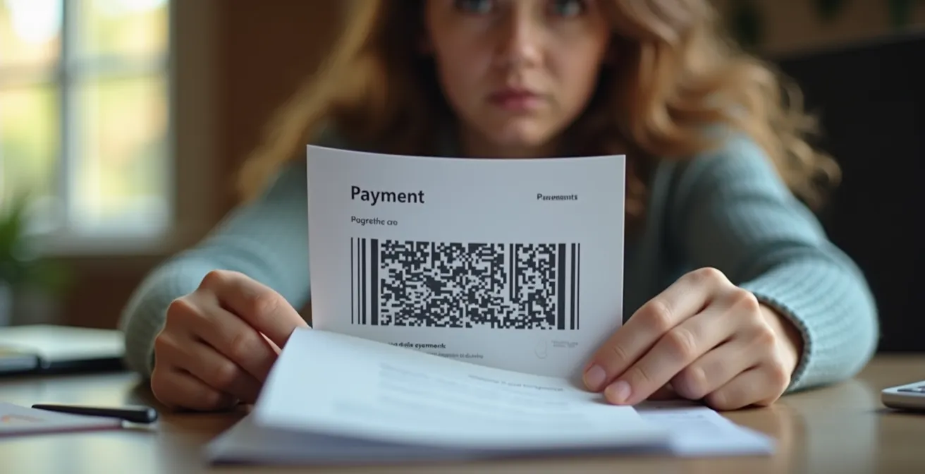 Mains tenant une facture avec QR-code partiellement visible sous une loupe, environnement de bureau sécurisé