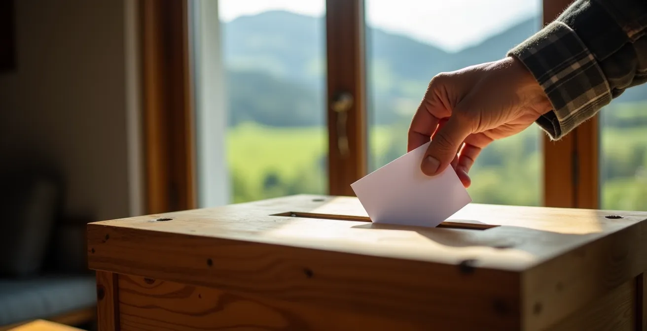 Main déposant un bulletin de vote dans une urne avec paysage rural suisse en arrière-plan