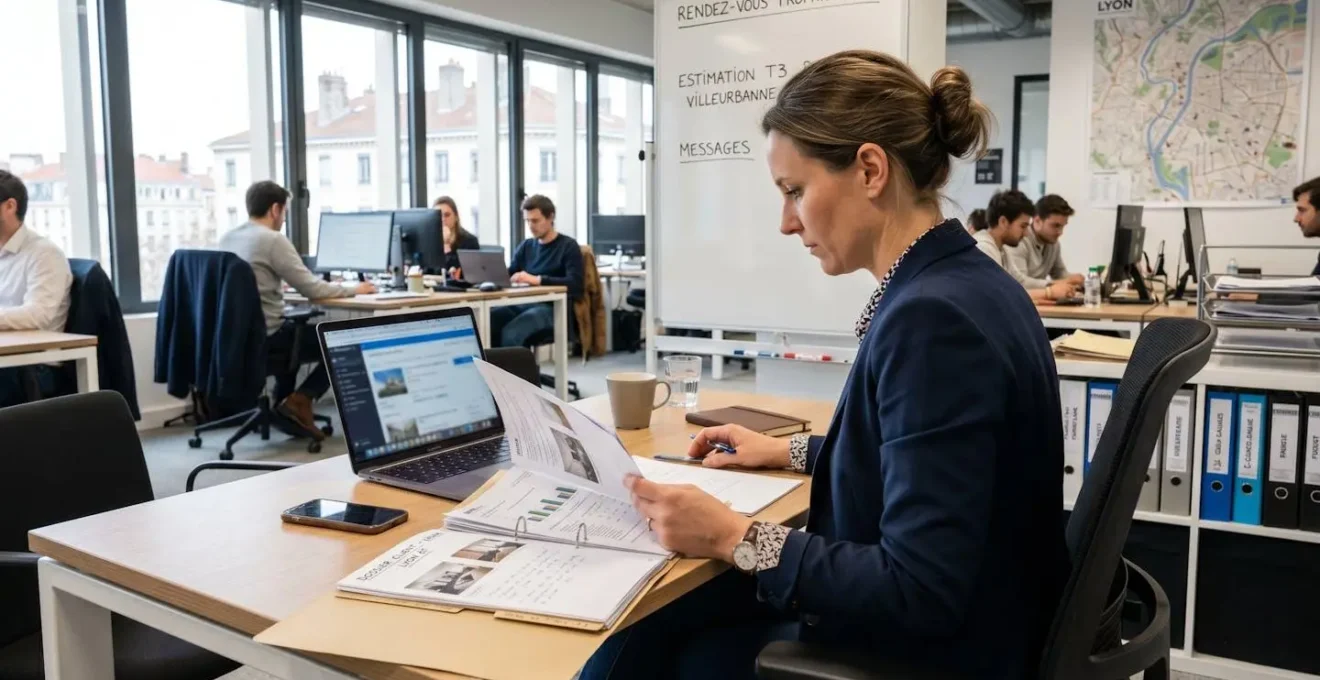 Agent immobilier vu de dos consultant un dossier papier sur une table de bureau contemporaine