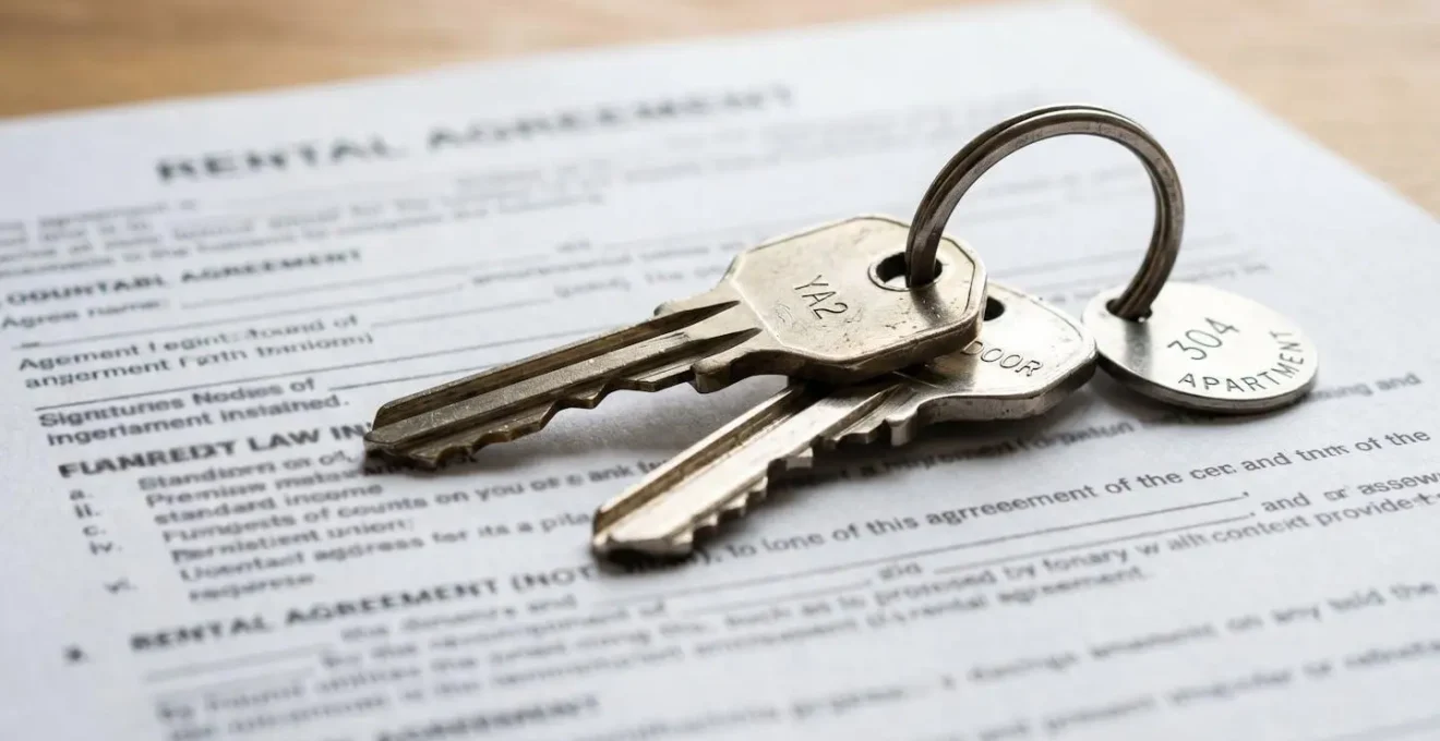 Gros plan de clés d'appartement posées sur un document de contrat de bail dont le texte est entièrement flouté