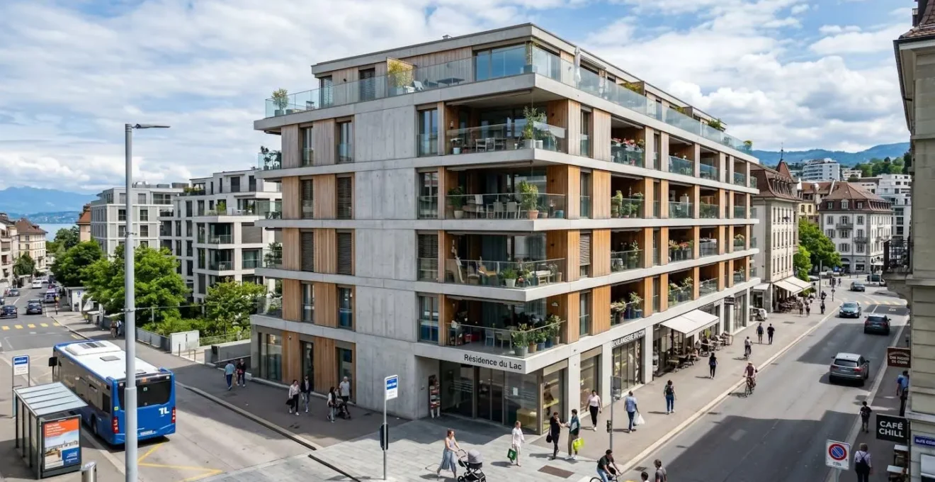 Façade d'un immeuble résidentiel contemporain suisse sous un ciel lumineux, architecture typique de Suisse romande