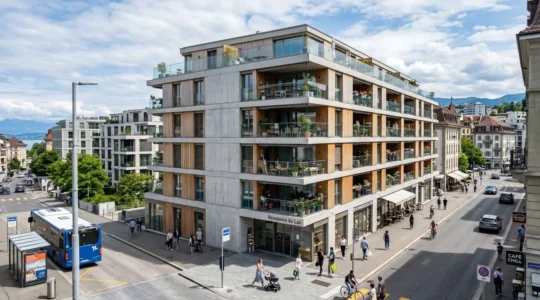 Façade d'un immeuble résidentiel contemporain suisse sous un ciel lumineux, architecture typique de Suisse romande