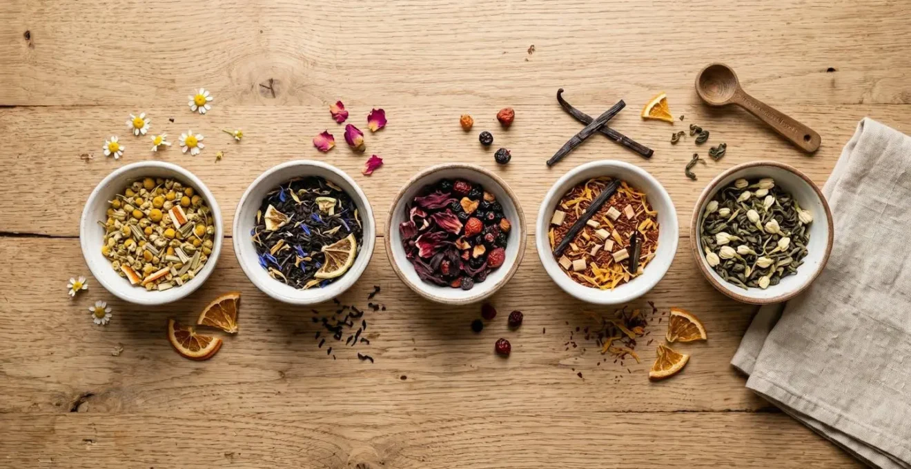 Assortiment de thés aromatisés et d'infusions présentés dans des bols en céramique blanche sur une table en bois clair