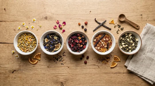 Assortiment de thés aromatisés et d'infusions présentés dans des bols en céramique blanche sur une table en bois clair