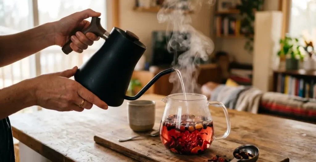 Mains versant de l'eau chaude d'une bouilloire dans une théière en verre contenant des feuilles de thé aromatisé aux fruits rouges Mains versant de l'eau chaude d'une bouilloire dans une théière en verre contenant des feuilles de thé aromatisé aux fruits rouges